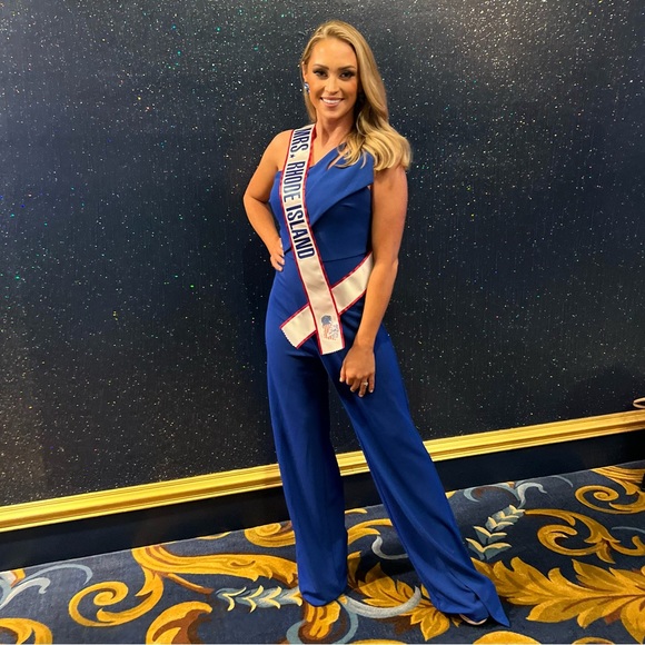 Blue one-shoulder jumpsuit- not altered; worn once - Picture 2 of 2